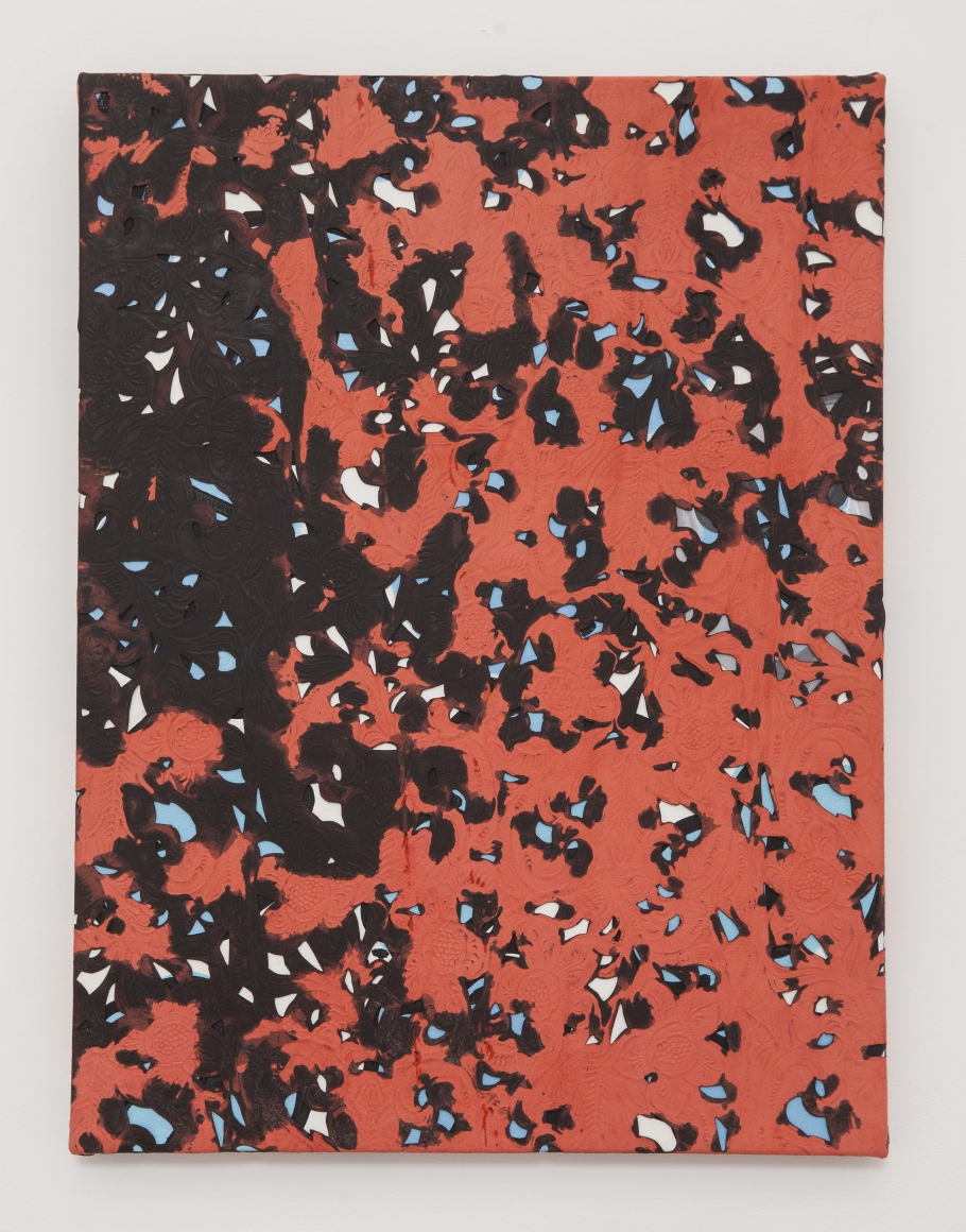 an oil on canvas with dyed leather pieces work by Julia Dault, an artist from Canada