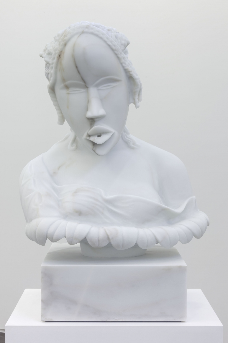 a contemporary white marble sculpture inspired by a traditional African sculpture by Sanford Biggers