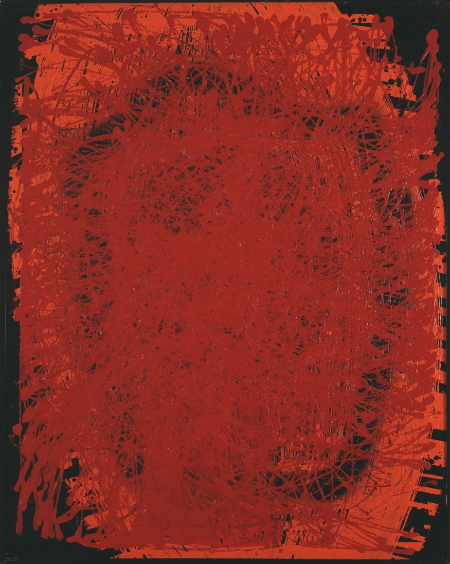 red abstract circular painting by akira kanayama