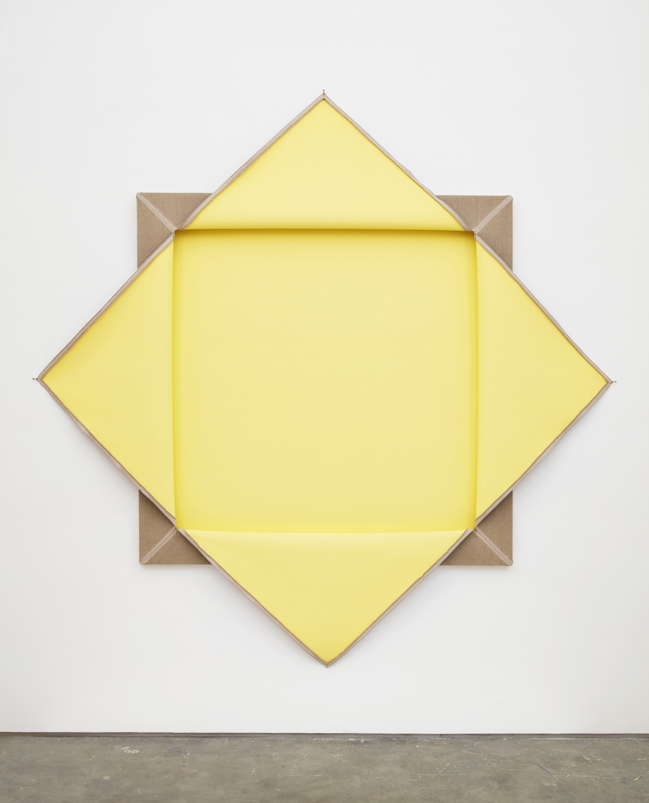 a folded painting by donald moffett featuring brown and yellow squares - a geometric contemporary artwork