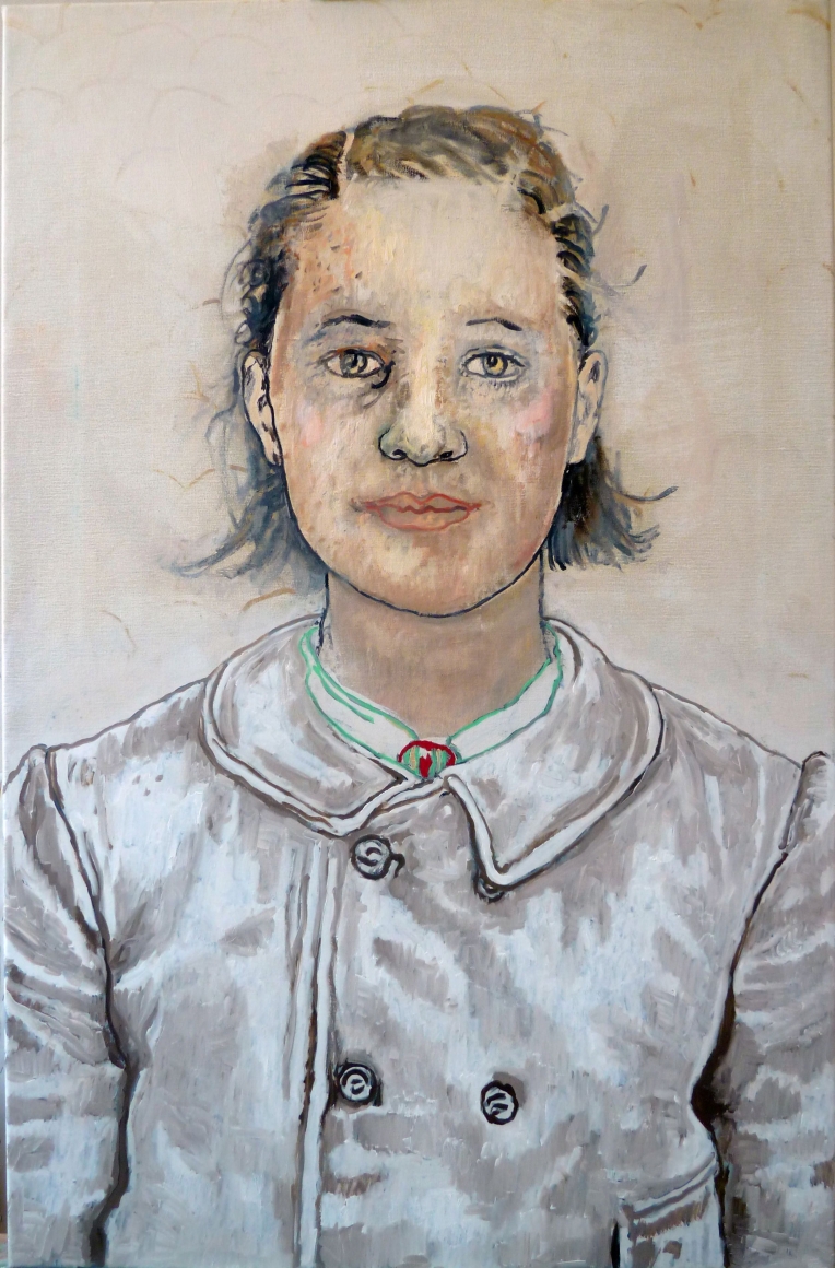 portrait of a woman in a grey coat by hannah van bart