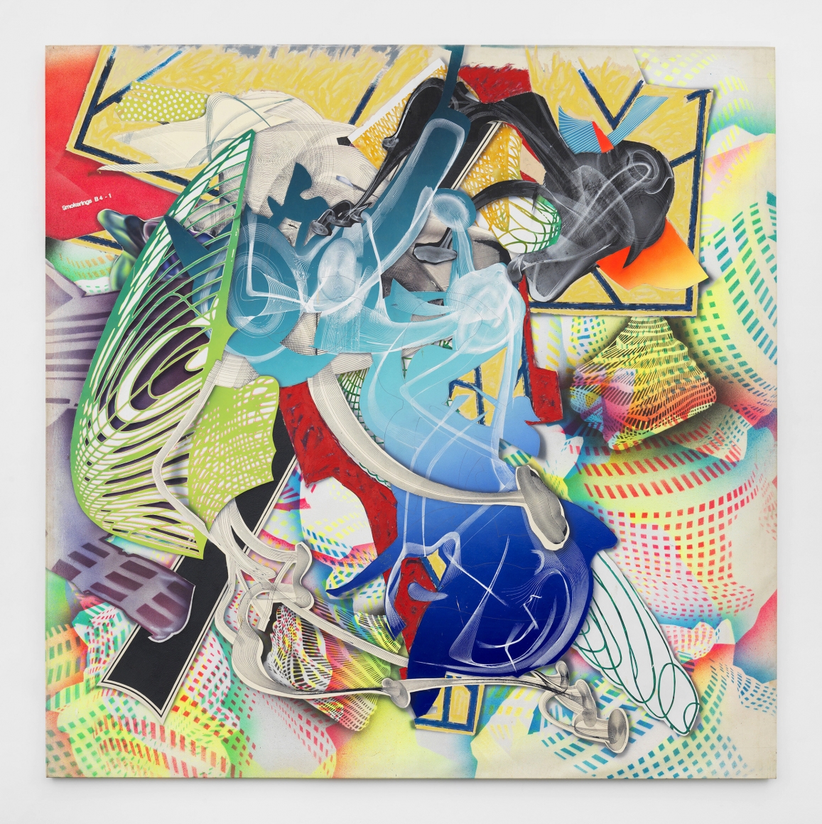 Large collage painting with abstract shapes comprised of smoke rings by Frank Stella