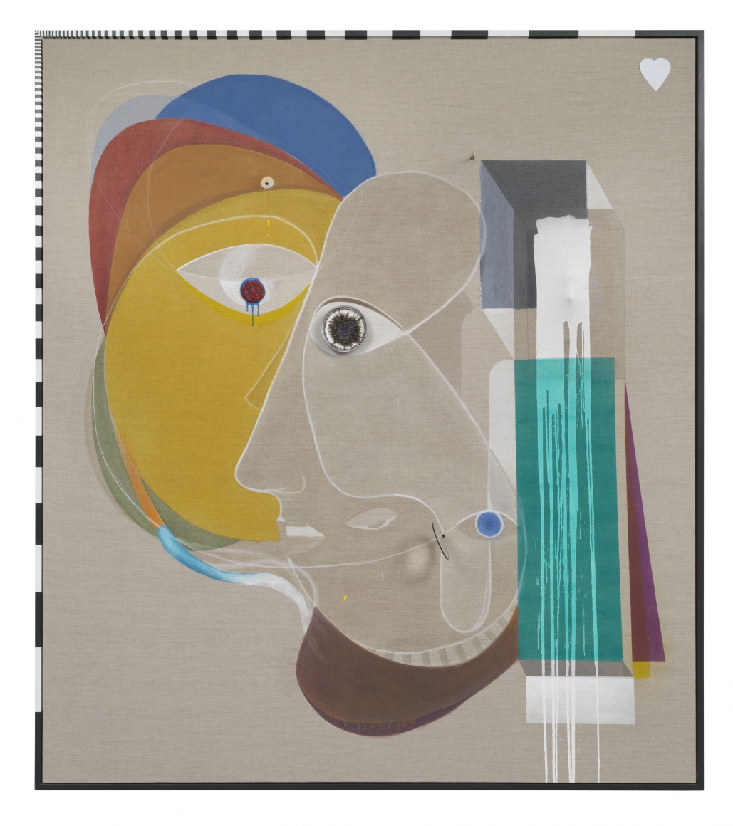 Robert, Molly, and the Indispensable Third, 2018, Ink and acrylic and ceramic on canvas with artist frame