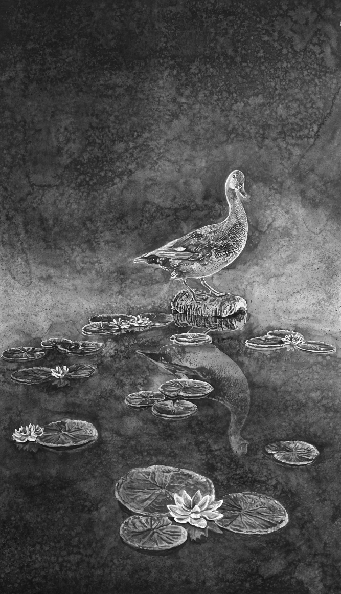 duck with lily pads by hans op de beck