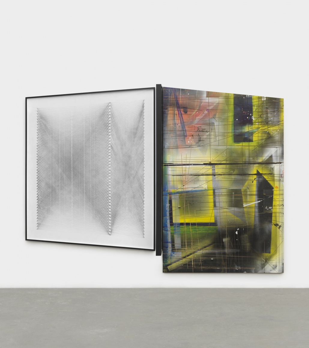 Loom, 2018, Graphite on paper, paint on wood, coins, glass, metal