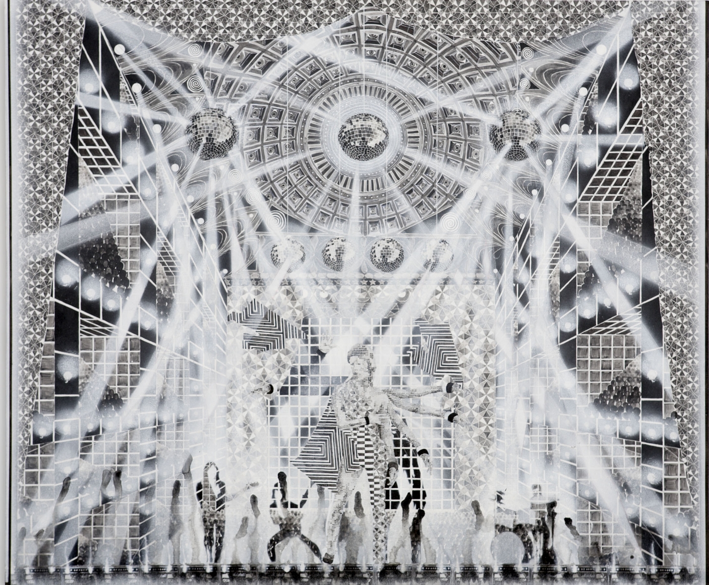 black and white concert scene with disco balls and musicians by barnaby furnas