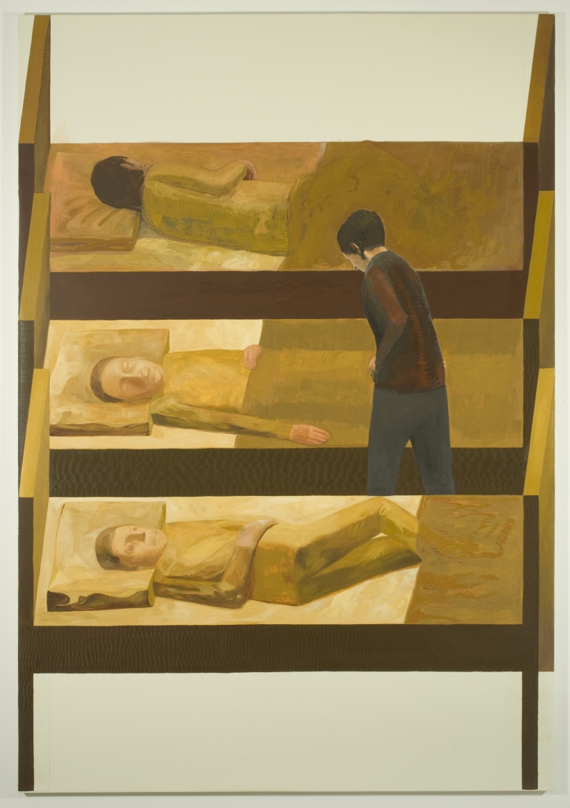 painting of three men in bed and a fourth standing up by jesse chapman