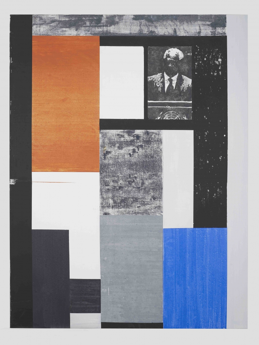 red, blue, black, and white grid painting with photo by melissa gordon