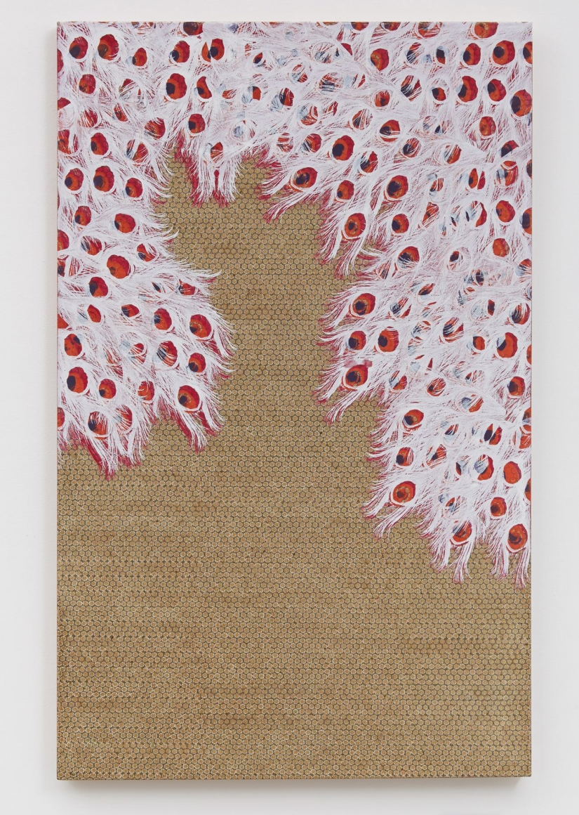 painting with floral forms on wood by andisheh avini