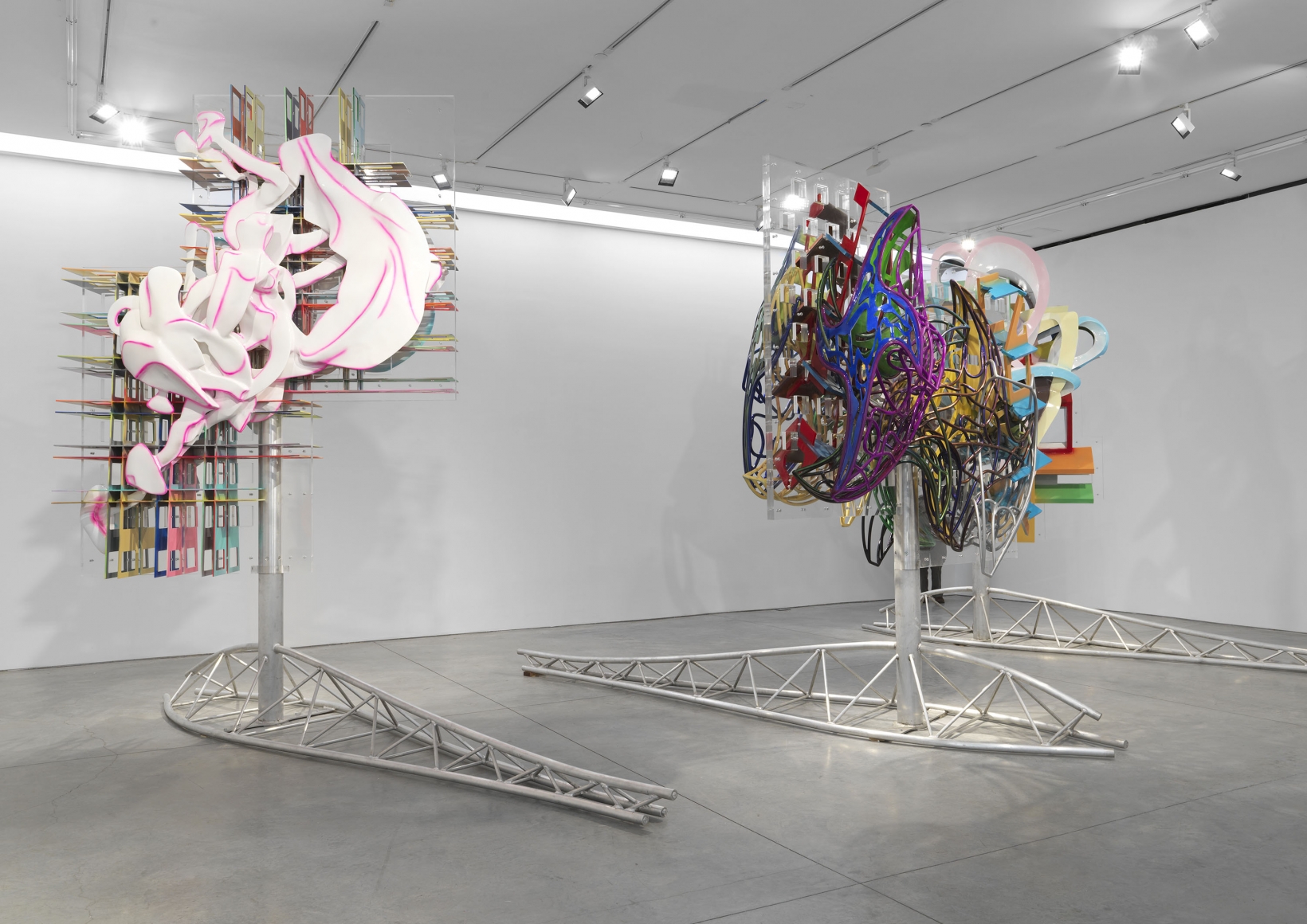 Two kinetic sculptures made by Frank Stella for sale at a Chelsea gallery