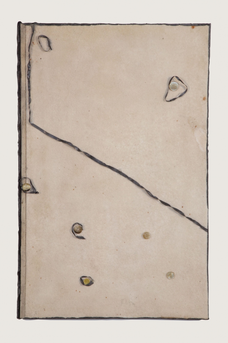Untitled, 1979, Salt, lead, buttons, felt, burnt wood