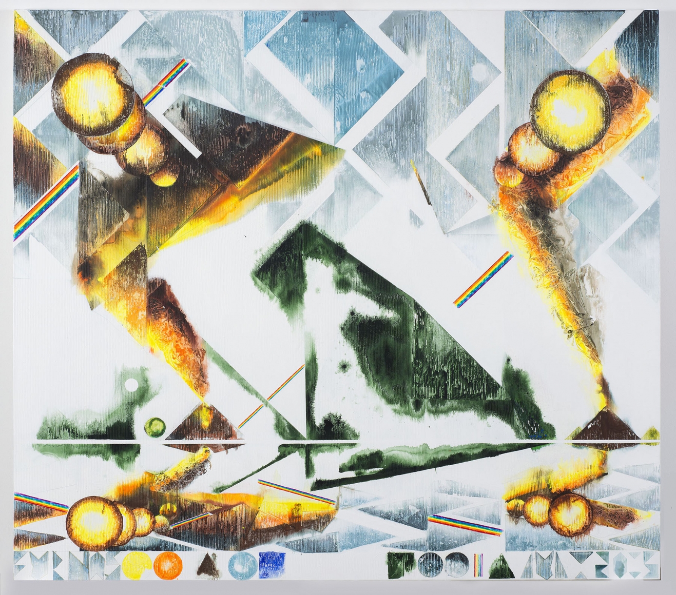 an abstract geometric painting with yellow green and blue by barnaby furnas