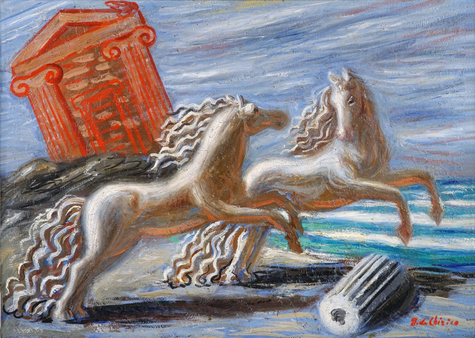 Giorgio de Chirico, Cavalli Antichi, 1927 Oil on canvas 32.5 x 45 cm. (12 3/4 x 17 3/4 in.) ©Helly Nahmad Gallery NY