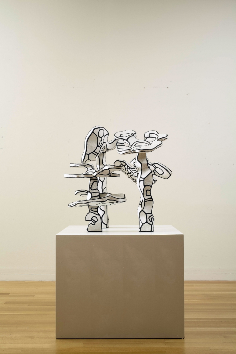 Jean Dubuffet, Groupe de Quatre Arbres (État Définitif), 1970 96 x 100 x 87 cm. (37 7/8 x 39 x 34) Epoxy paint on polyurethane, in 4 parts ©Helly Nahmad Gallery NY. The present work, Group of four trees from 1970 belongs Dubuffet's acclaimed Hourloupe cycle series from 1962 to 1974. The works created during this period resemble familiar objects and forms and yet these works recall a fantastical parallel universe where the line between the real and the imaginary is blurred. The figures and objects of the Hourloupe cycle all emulate an existing reality or an everyday object. Dubuffet referred to them as a reflection of the tangible as it appears in the mind. It is in this context that one should experience Group of four trees.