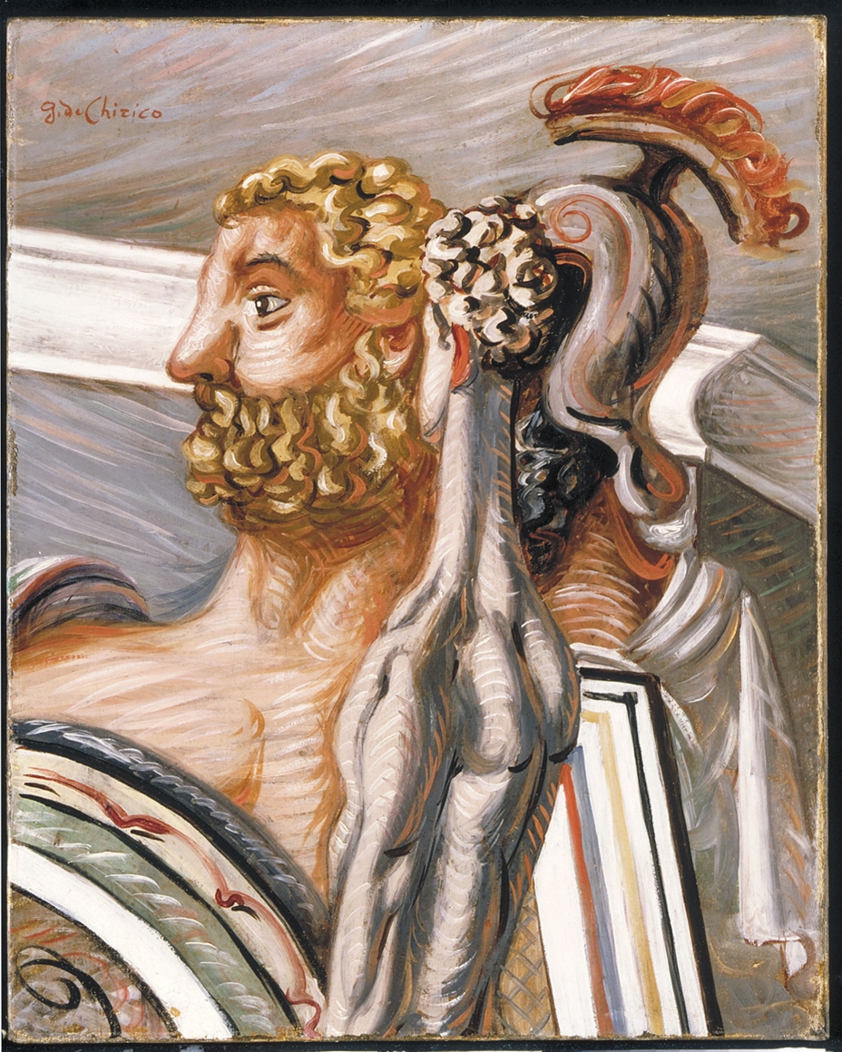 Giorgio de Chirico, Gladiateur et Philosophe, 1927-28 Oil on canvas 45.5 x 33.5 cm. (18 x 13 1/8 in.) ©Helly Nahmad Gallery NY