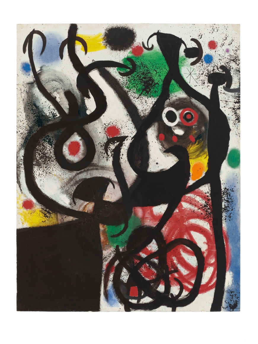 Joan Miró, Femmes et Oiseaux dans la nuit, 1968. This abstract painting by Joan Miro features a poetic visual vocabulary made of dots, thick curvy black lines, scribbles. The overall colors are primary tons of red, blue, green, yellow tons.