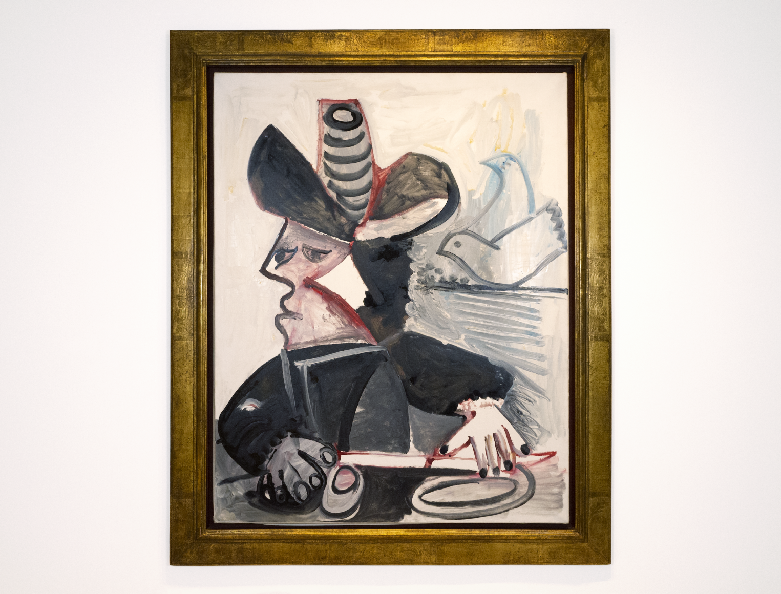 this is an image of a large scale painting by Picasso titles Musketeer with birds produced by Picasso in 1972