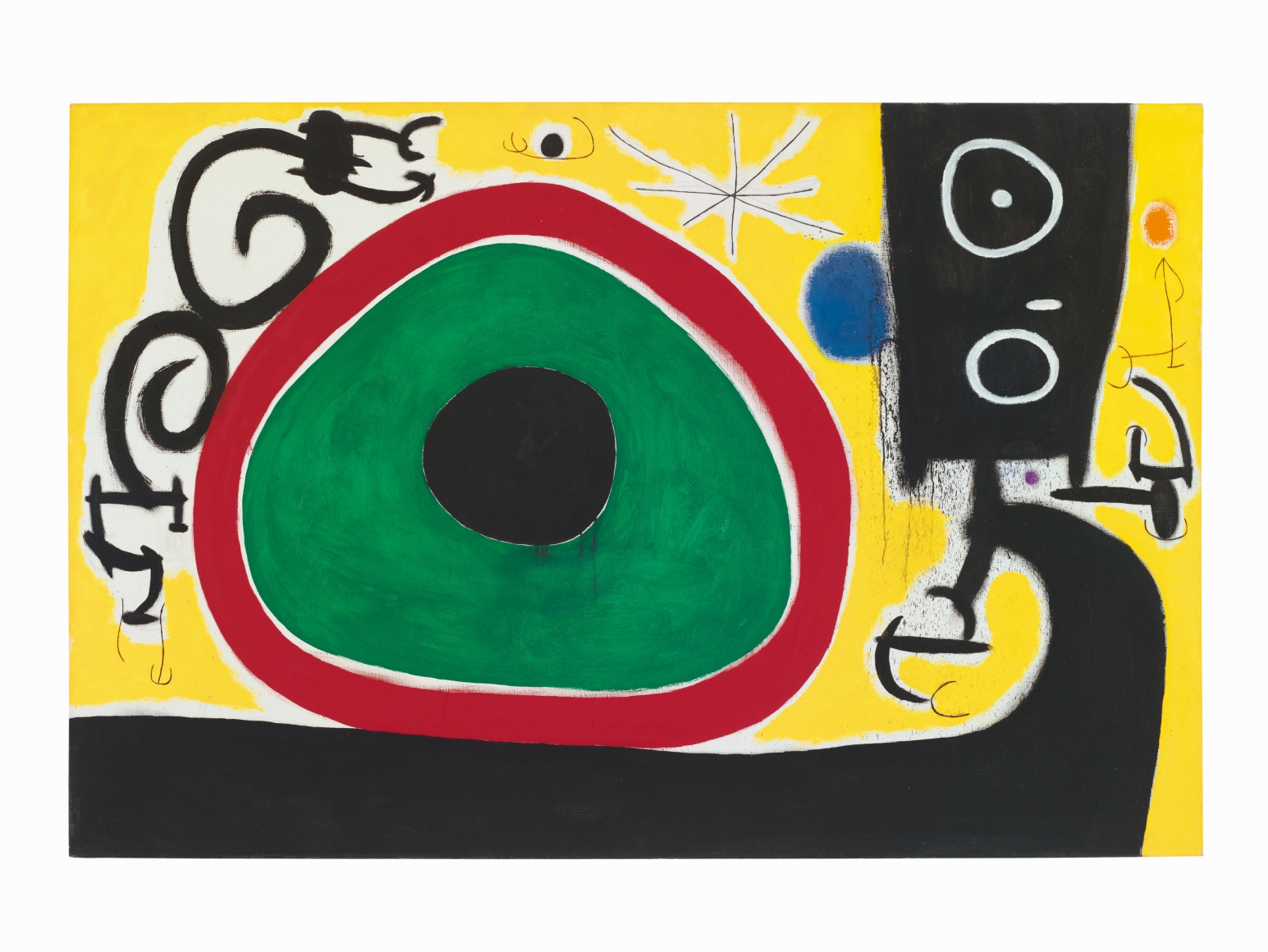 Joan Miró, Oiseaux en Fête pour le lever du Jour, 21 Mars 1968, 1968 Oil on canvas 130 x 195 cm. (51 1/8 x 76 3/8 in.)