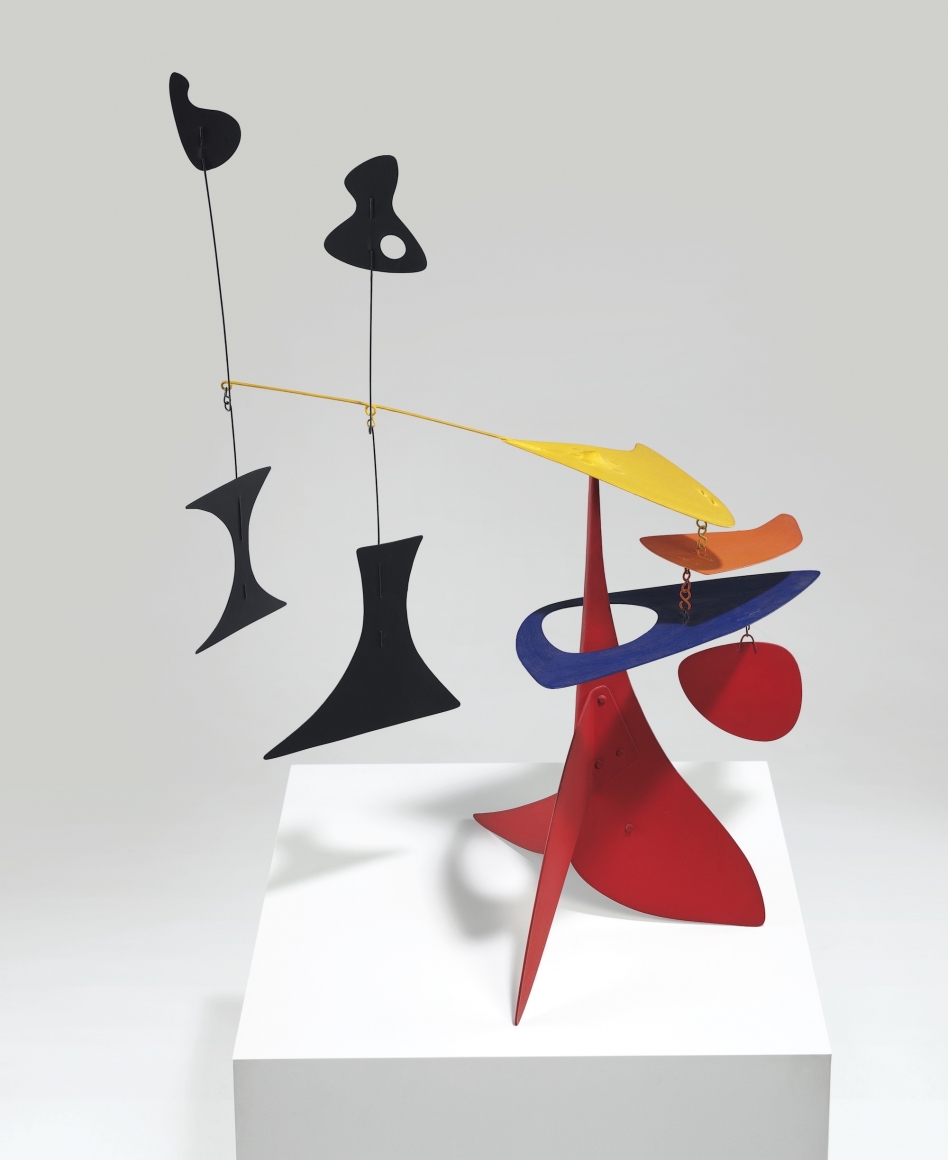 Alexander Calder, Black II, 1949. Elegantly standing as though poised on tiptoe, Alexander Calder’s Black II is an exquisite example of the artist’s innovative combination of sculptural dynamism and grace. Comprised of dynamic upward arcs of red metal planes that pierce through a sunny yellow disk before culminating in a carefully balanced arm supporting a floating arrangement of multicolored discs, Black II incorporates many of the iconic motifs that Calder used throughout his career. With this particular form, Calder successfully incorporates both the graceful movement that he pioneered in his groundbreaking mobiles together with the more substantial nature of his mature postwar work.