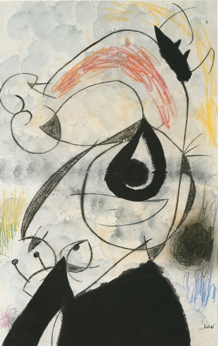 Joan Miró, Personnages, Oiseaux, 1973 Thinned oil, brush and India ink, wash, pastel and wax crayon on paper 99.3 x 64.4 cm. (39 1/8 x 25 5/8 in.)