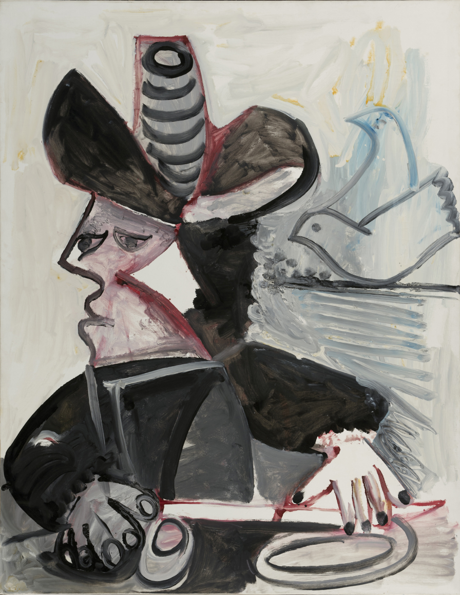 Pablo Picasso, Mousquetaire aux Oiseaux II, 13 January 1972, 1972 Oil on canvas 146 x 114 cm. (57 1/2 x 44 7/8 in.) ©Helly Nahmad Gallery NY