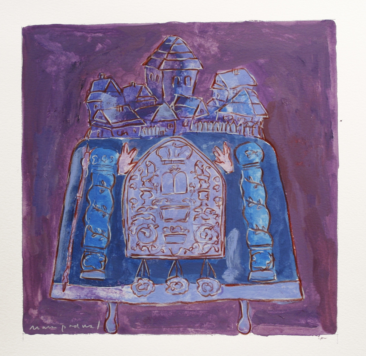 Mark Podwal, Shtetl (SOLD), 2008, acrylic, gouache and colored pencil on paper, 12 x 12 inches