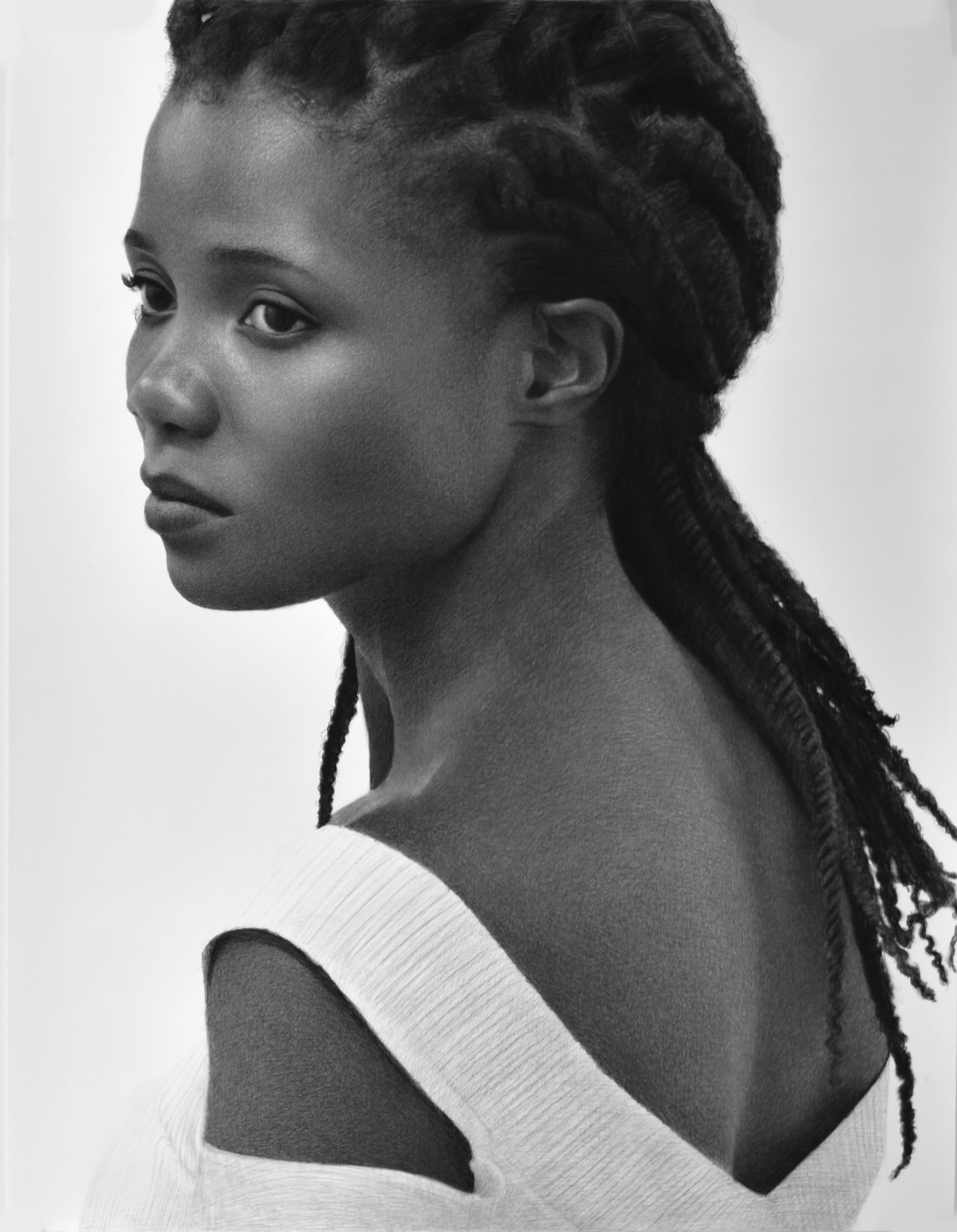 clio newton, Sarah (turning), 2018, compressed charcoal on paper, 46 x 36 inches
