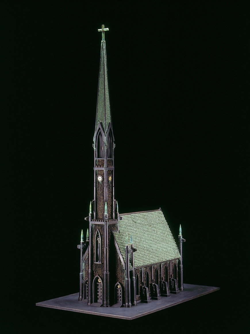 Al Farrow, Revelation II, 2010, guns, gun parts, bullets, steel, shot, polycarbonate, bible, facsimile of Albrecht Durer’s Four Horsemen of the Apocalypse, 60 x 24 x 38 inches