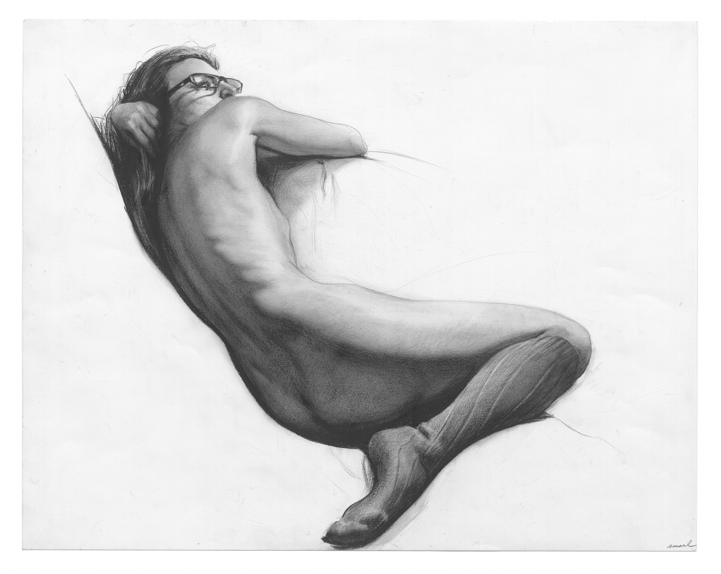 Steven Assael, Figure Reclining with Glasses, 2013, graphite and crayon on paper, 14 x 18 inches