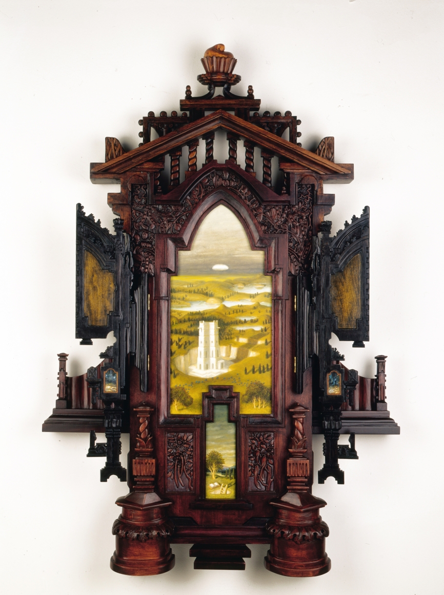 Holly Lane, In Preparation, She Cached A Guidebook Near the River of Oblivion, 2008, acrylic and carved wood, 52 1/2 x 35 1/2 x 6 3/4 inches