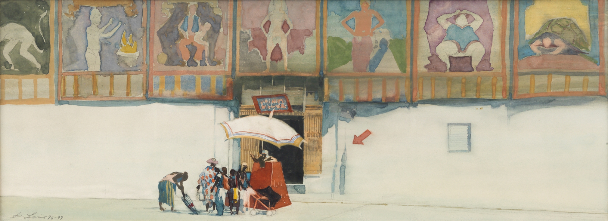 david levine, Street of Freaks, 1996-97, watercolor, 7 3/8 x 20 inches, Private collection, Greenwich, CT