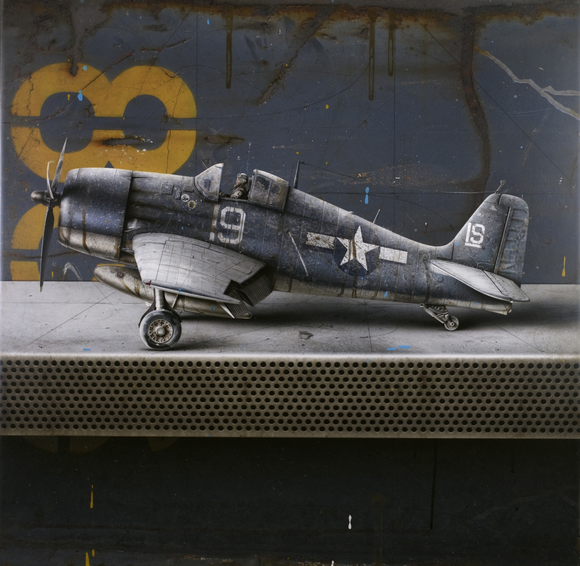 César Galicia, F6F Hell Cat (SOLD), 2011, mixed media on board with silicon carbide, 25 3/4 x 26 1/4 inches