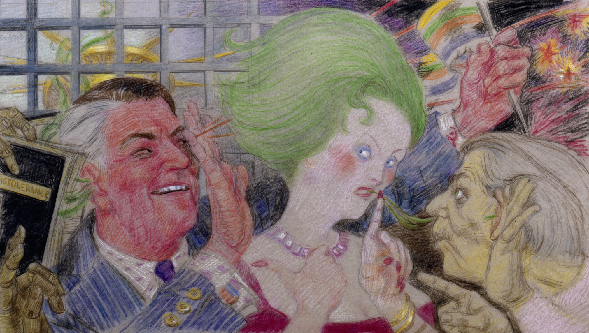 Paul Cadmus, See No Evil, Speak No Evil, Etc. (Homage to Kunisada) Version #3, 1985, crayon on tracing paper over gray, acid-free board, 12 3/8 x 20 3/4 inches