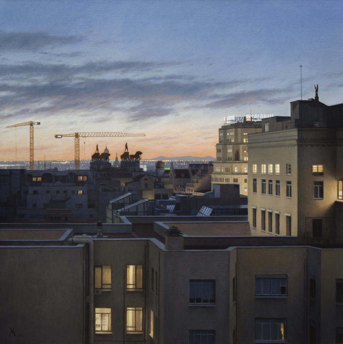 guillermo munoz vera, Quadrigas Over Madrid (Cuadrigas Sobre Madrid), 2015, oil on canvas mounted on panel, 59 x 59 inches