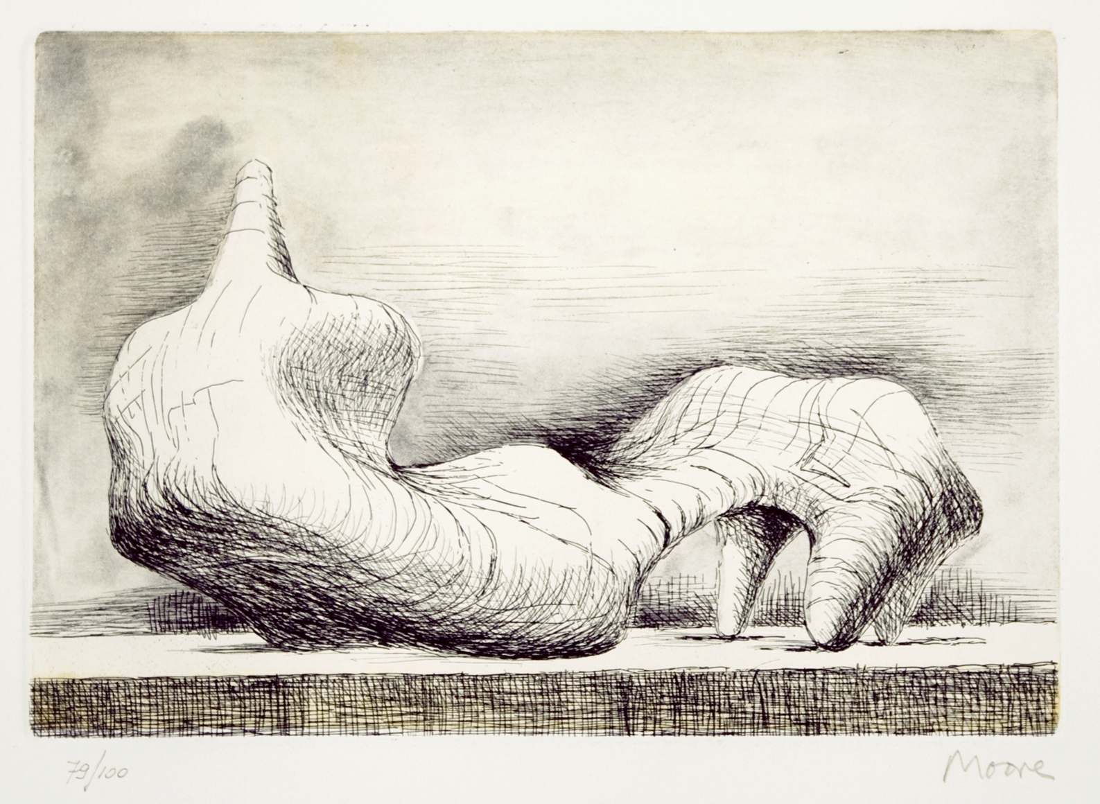 Henry Moore, Reclining Figure- Back, 1976 etching and acquatint, 6 1/2 x 9 1/2 inches image size, 25 1/2 x 18 inches paper size