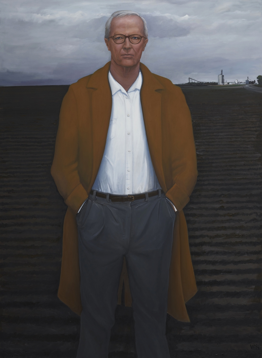 William Beckman, Overcoat with Plowed Field (Survival), 2018-19, oil on canvas, 100 x 73 inches
