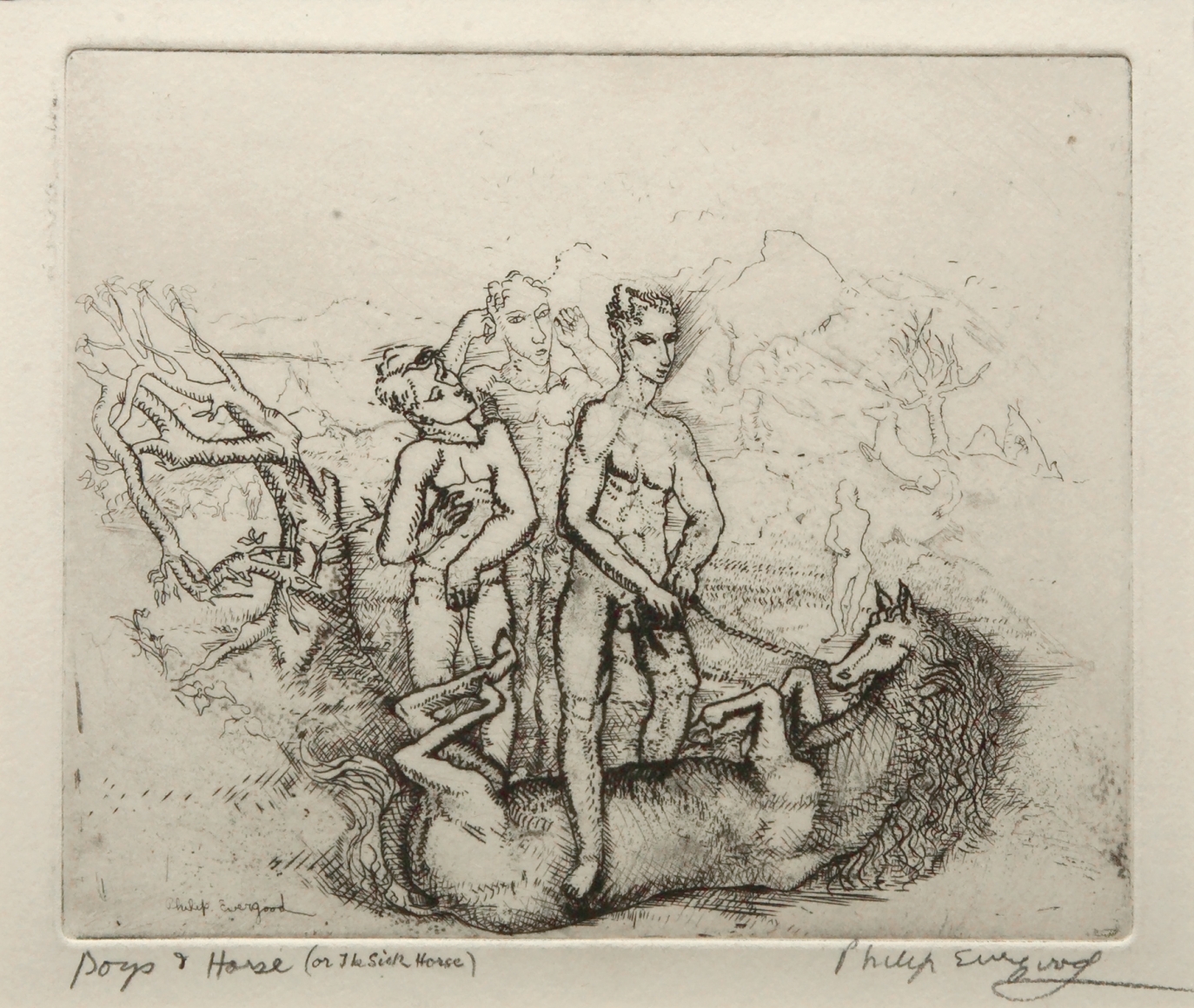 philip evergood, Boys and Horse, nd, etching on paper, 7 3/8 x 6 1/4 inches