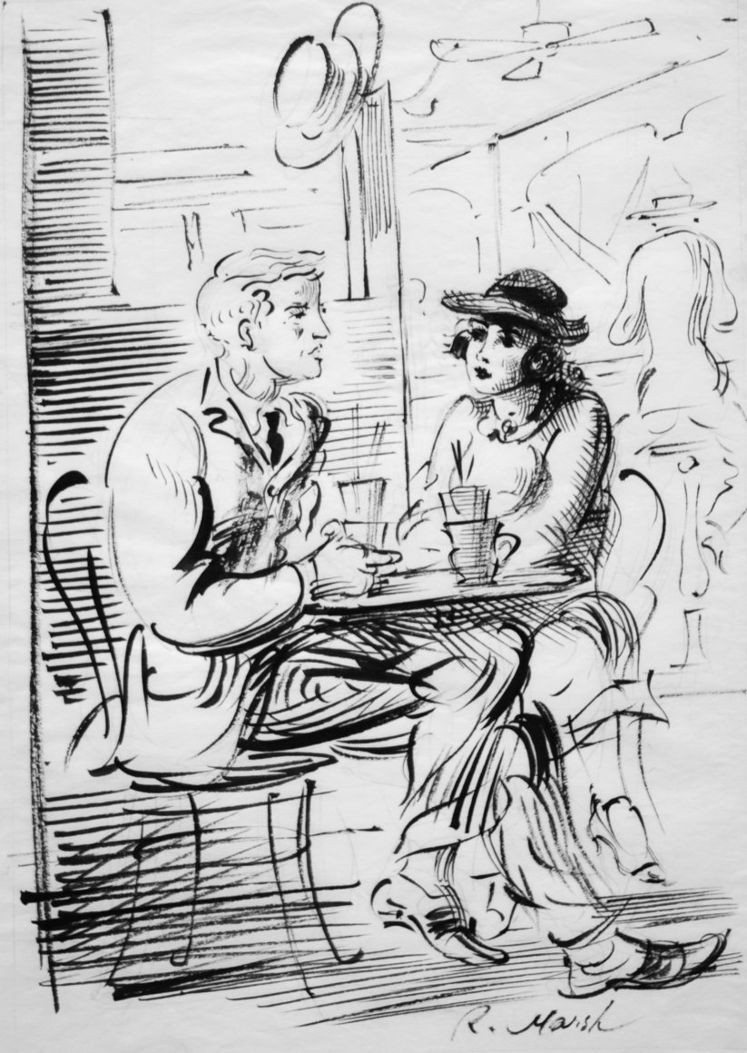 Reginald Marsh, Man and Woman Seated at a Cafe, pen & ink on paper, 10 x 8 inches