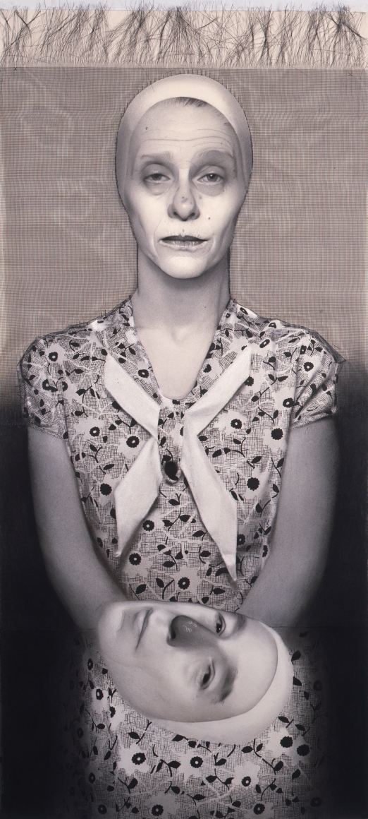 Susan Hauptman, Self Portrait (with wire mesh), 2007, charcoal, ink and wire mesh on paper, 58 x 26 inches
