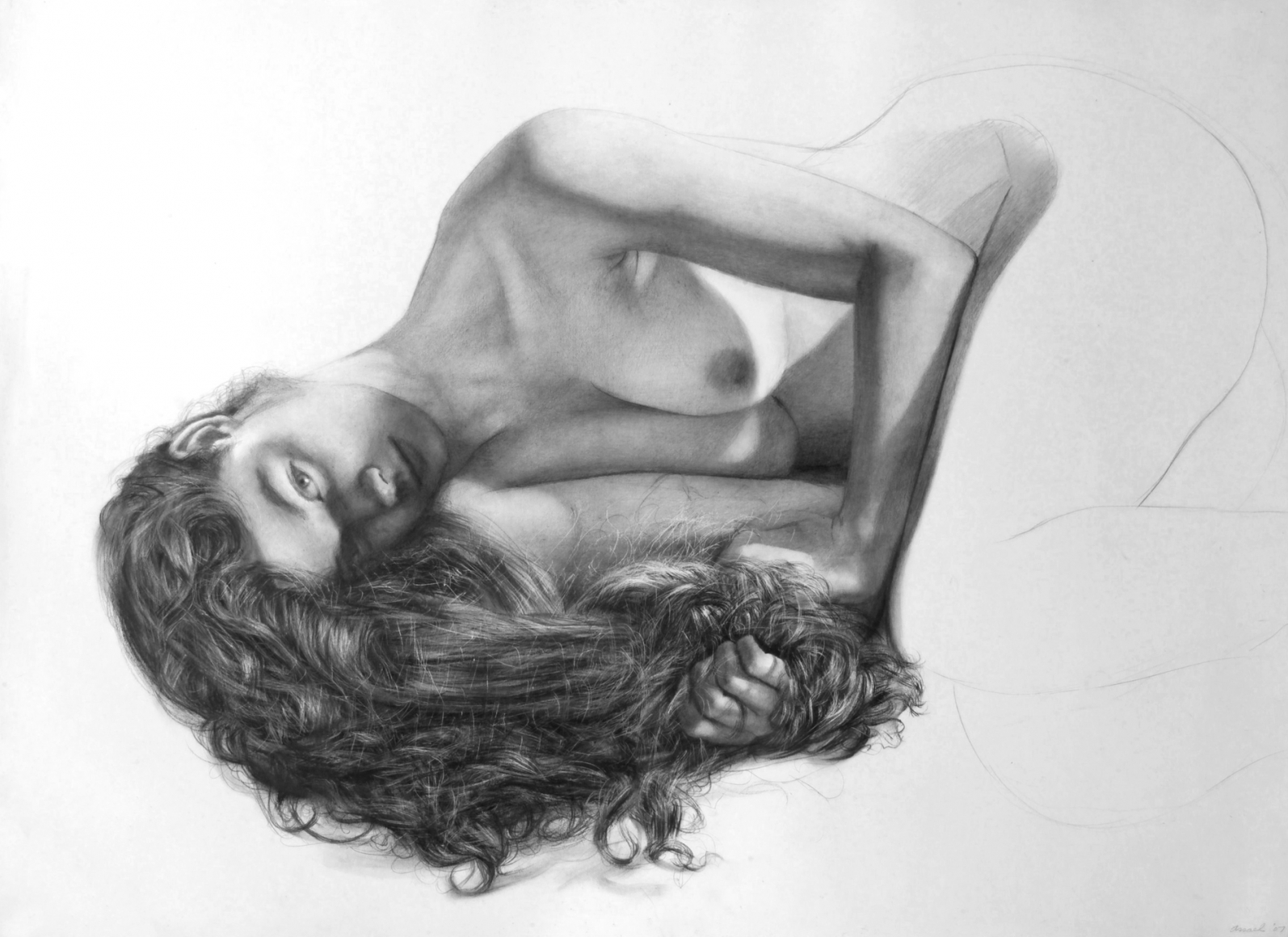 Steven Assael Julie Holding Hair, 2007, graphite and black crayon on paper, 21 1/2 x 29 1/4 inches