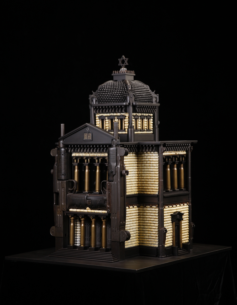 al farrow, Synagogue VI, 2014, guns, bullets, shell casings, gun parts, steel, glass, torah cover, 32 x 24 x 27 inches, Private collection, South Orange, New Jersey
