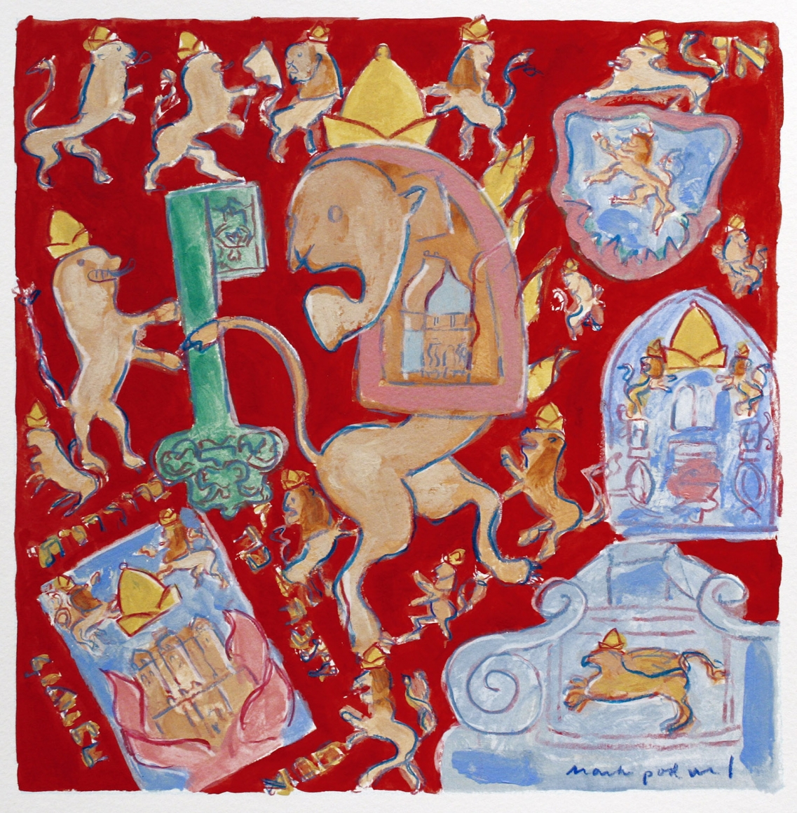 Mark Podwal, Lions of Judah (SOLD), 2008, acrylic, gouache and colored pencil on paper, 12 x 12 inches