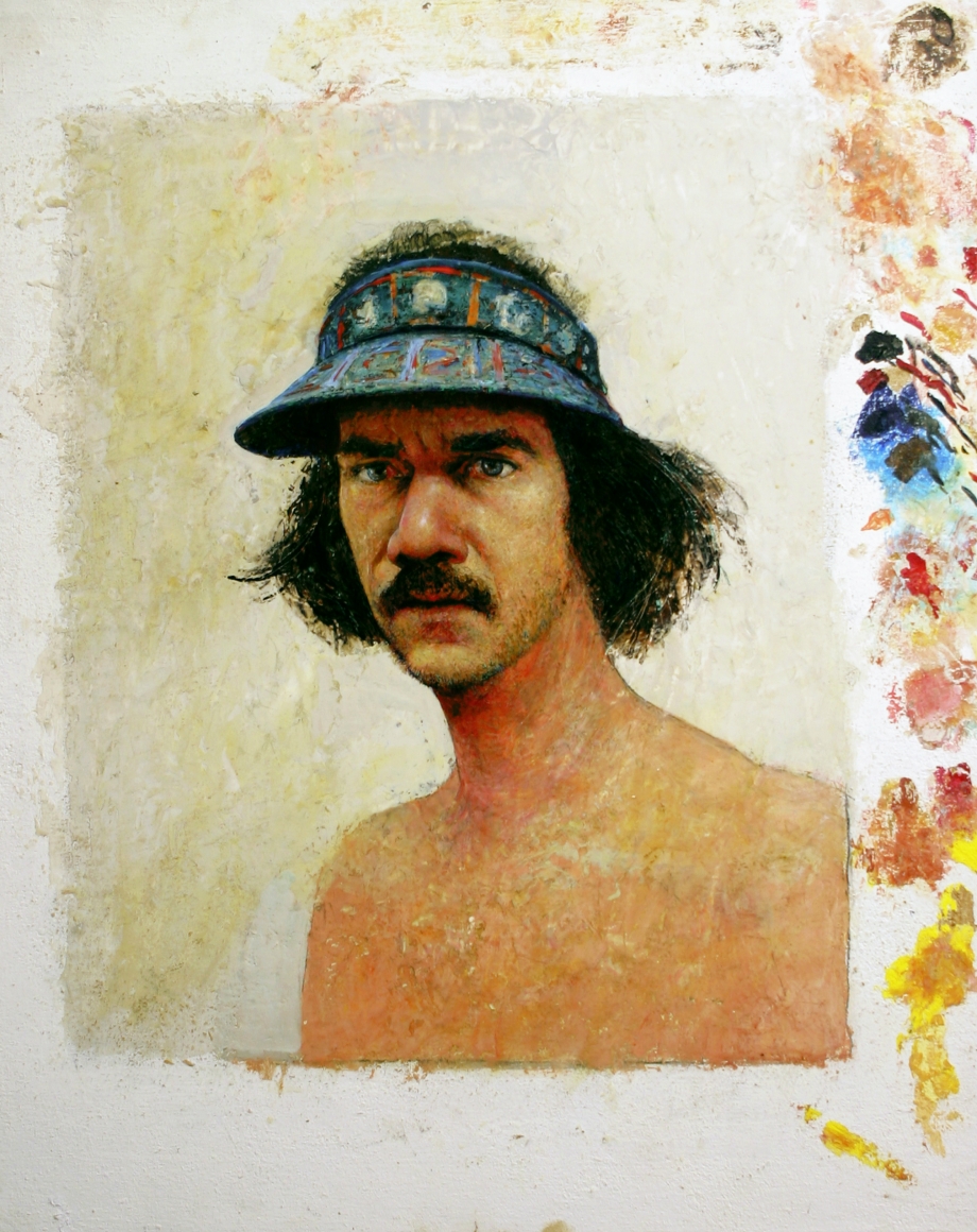 Gregory Gillespie, Self-Portrait with Blue Visor, 1979, oil on paper mounted on masonite, 31 3/8 x 25 5/8 inches