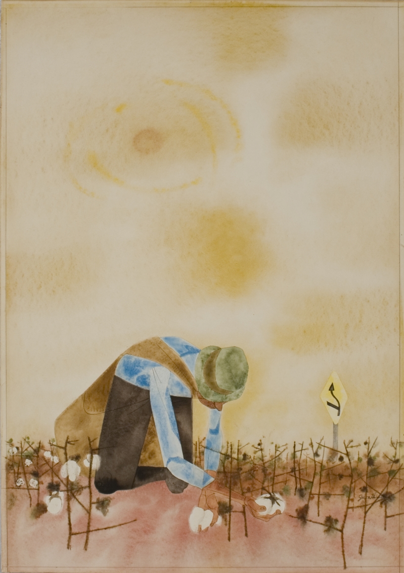Robert Gwathmey, Picking Cotton, c. 1950, watercolor with pen and ink on wove paper, 19 3/4 x 13 5/8 inches