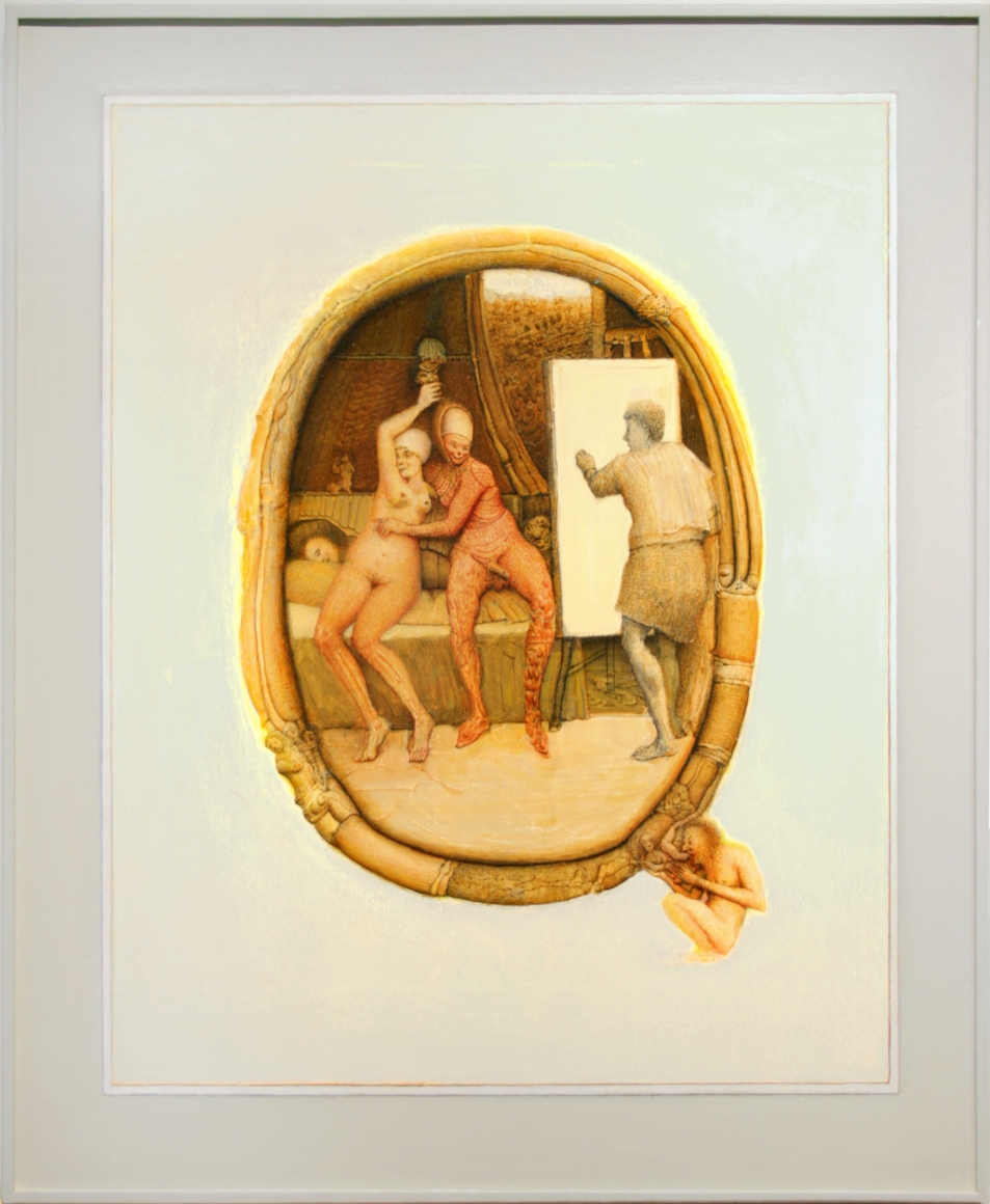 gregory gillespie, Painter in Bedroom, 1994, oil on panel, 39 3/4 x 32 3/4 inches