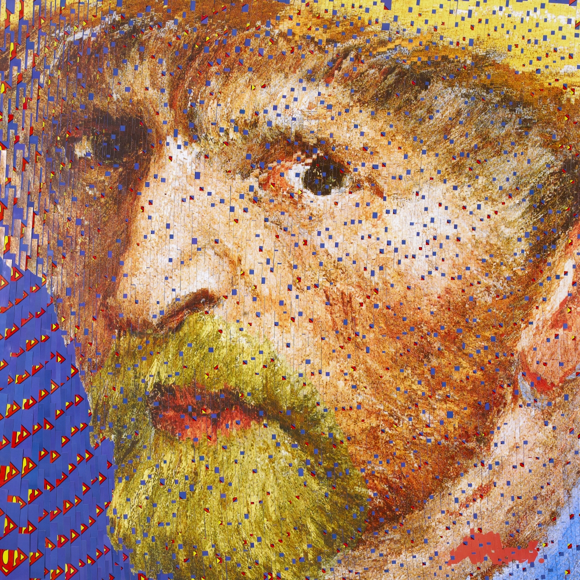 david mach, Blue Weave, 2013, postcard (Superman logo) collage on wood backing, 72 x 72 inches