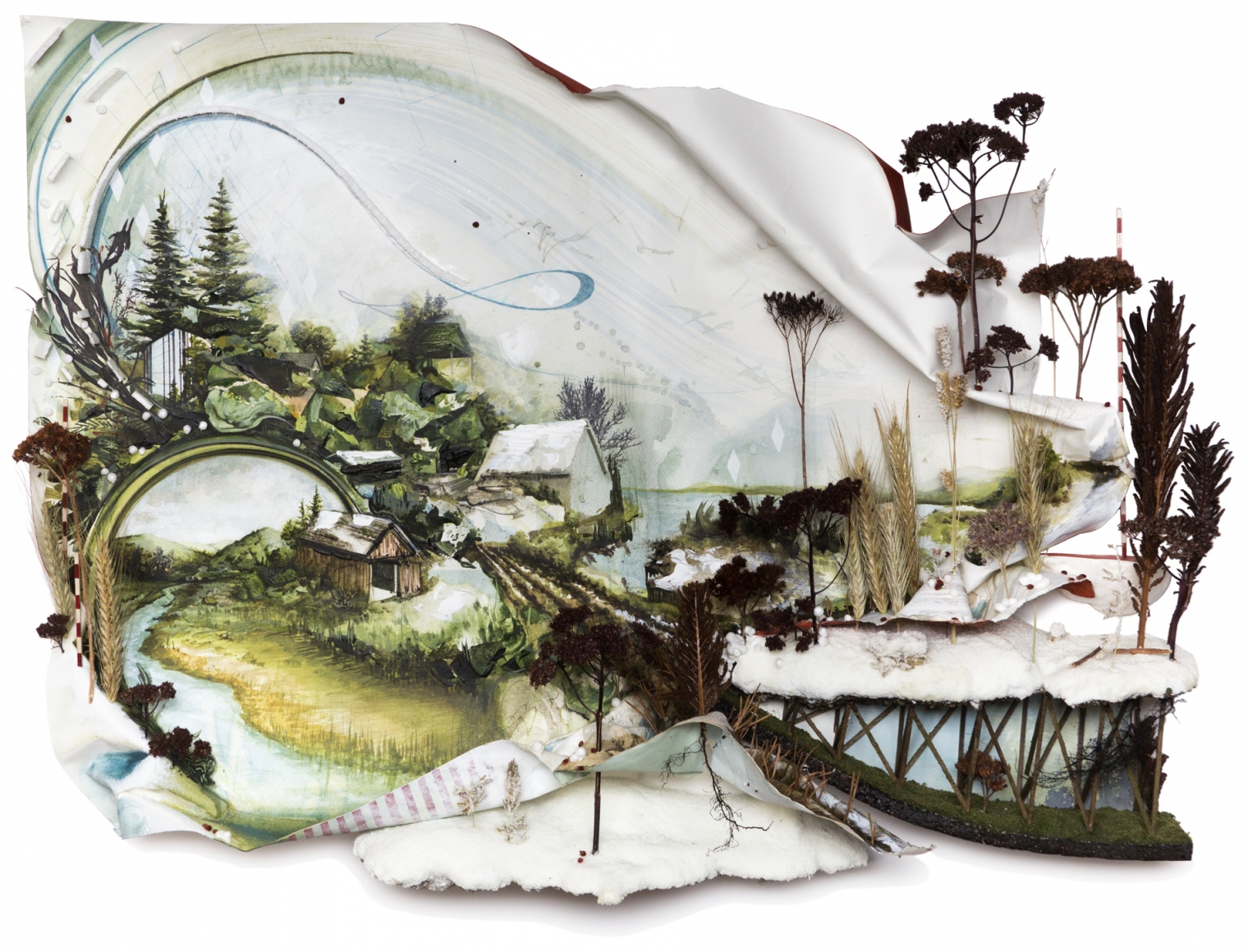 Gregory Euclide, What softened clipper's making left the plains barren and white, 2011, acrylic, foam, found foam, pencil, paper, photo transfer, pine needles, salt, sedum, sponge, wood, 29 x 35 x 5 inches framed