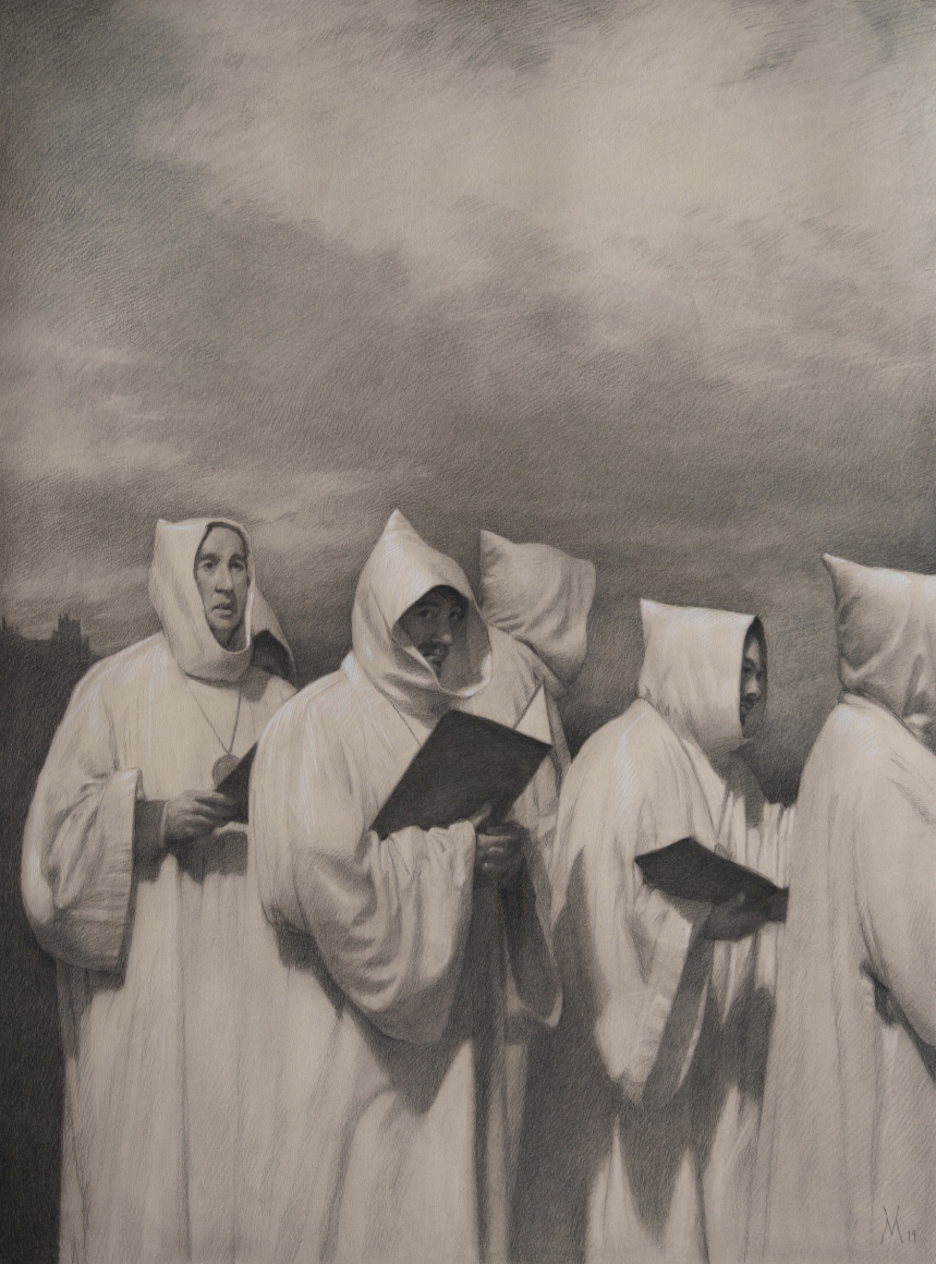 Guillermo Muñoz Vera, Friars, 2019, conte pencil and charcoal on paper, 37 1/4 x 27 3/4 inches (image size)