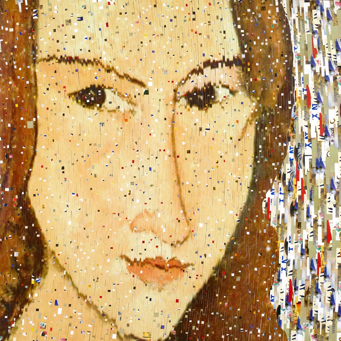 david mach, Red Head, 2013, postcard (various) collage on wood backing, 72 x 72 inches