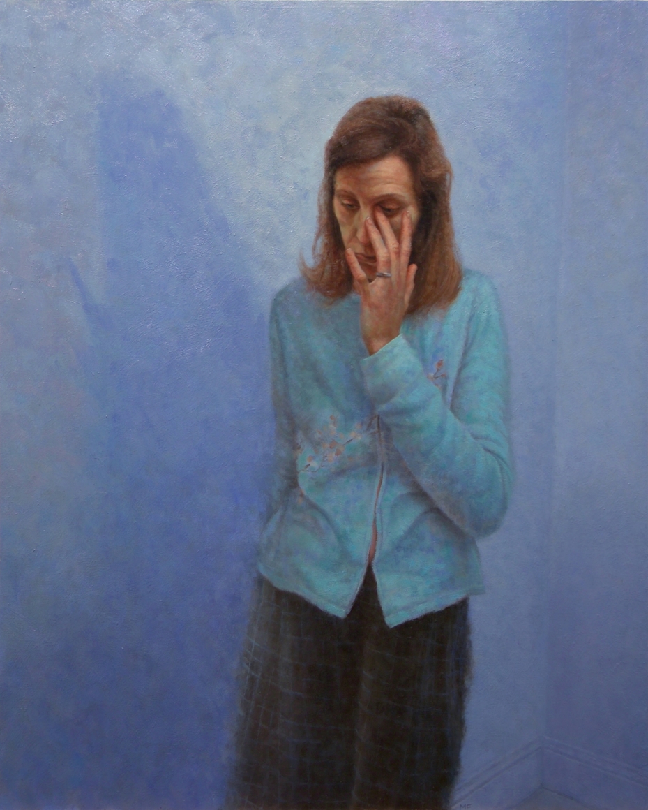 michele fenniak, Woman in Cardigan, 2006, oil on panel, 19 x 15 3/4 inches